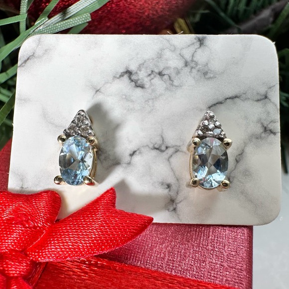 Unbranded Jewelry - Vintage Solid Gold Oval Aquamarine Earrings + Genuine Diamond Accents Estate